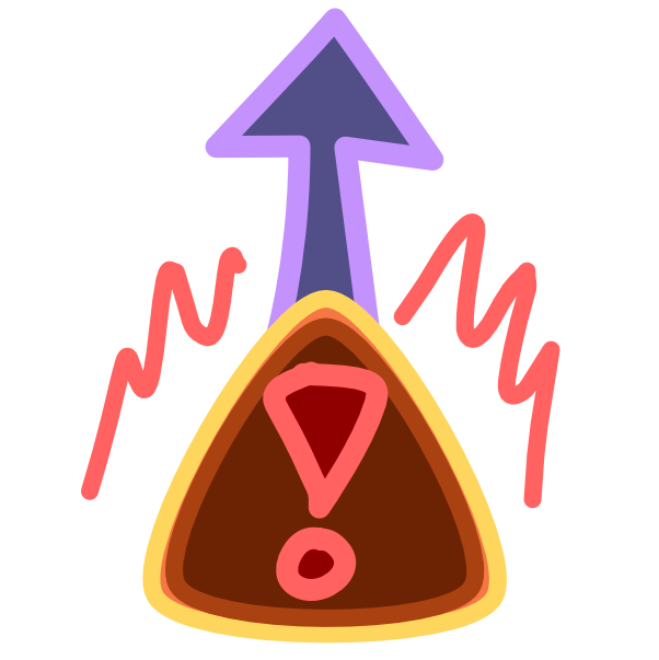 A brown warning sign with emphasis lines above it has a purple arrow pointing up from it. The image has light line art
